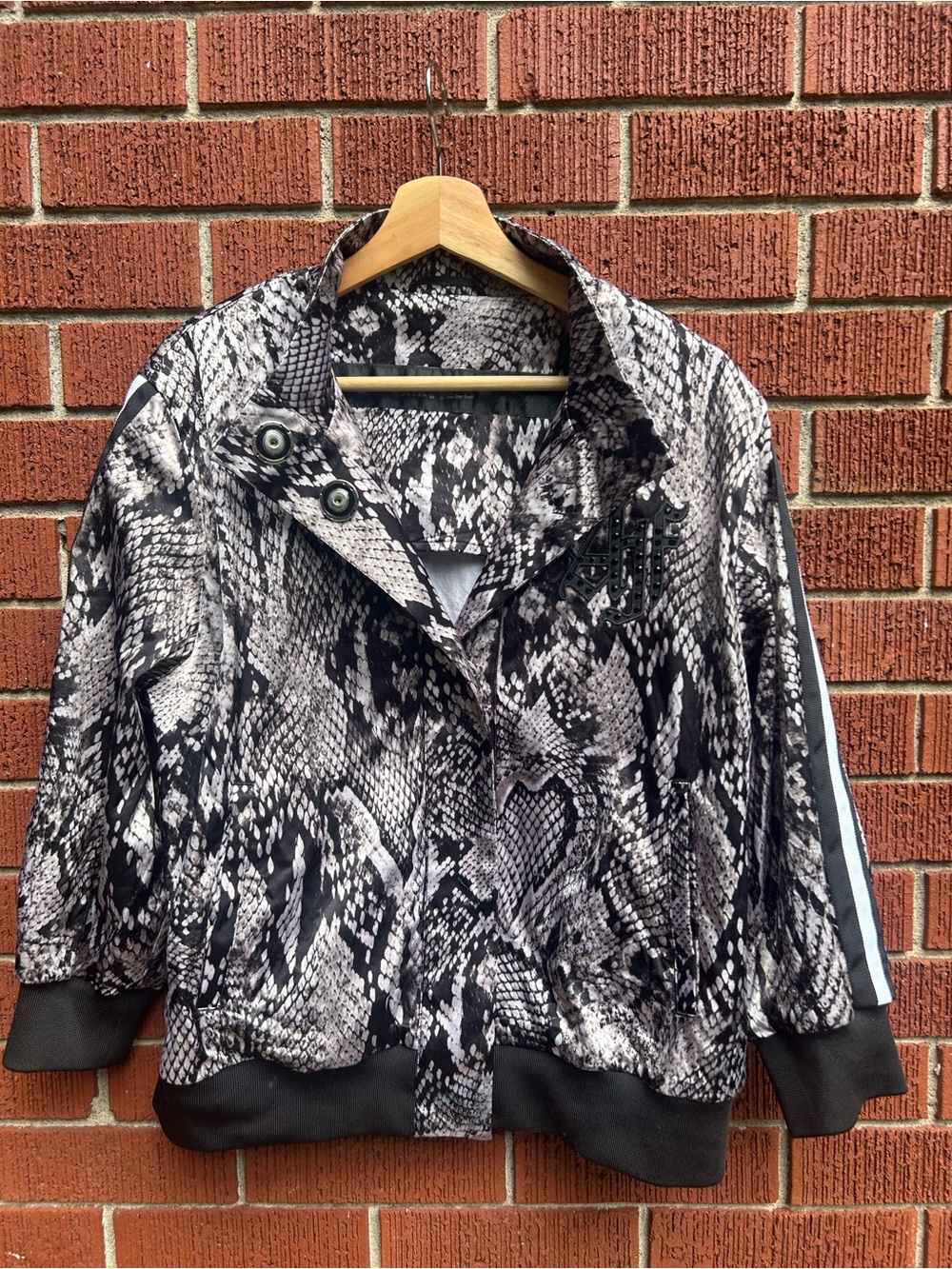 AIRFIELD Snake Print Embellished Bomber Jacket Black Beige Size 46